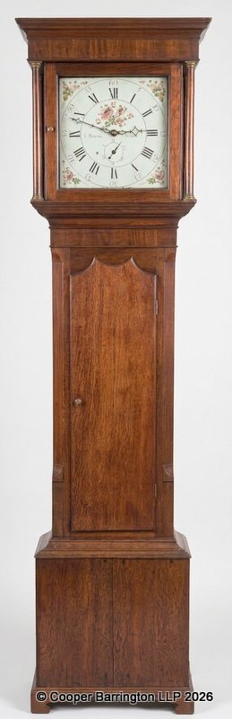 Early 19th Century Oak Cased Thirty Hour Longcase Clock by I.Rawson, Penrith. The square hood enclosing a painted 12in dial, with date indicator,Roman numerals. Complete with pendulum and single lead weight.  Height  81 inches. Working Order.