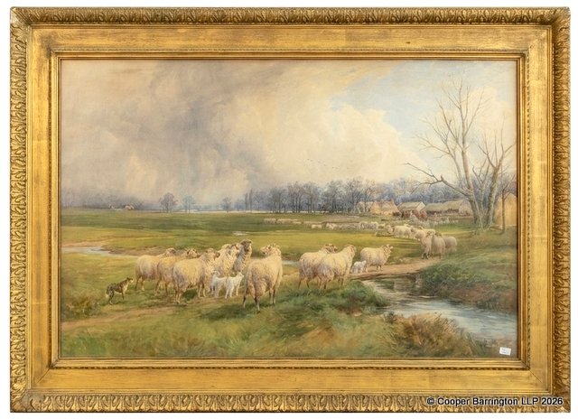 Follower of Mark William Fisher RA. Sheep in a River Landscape Watercolour. Late 19th Century. Indistinctly Signed Lower Left. Gilt Frame 116 x 80 cm. Follower of Mark William Fisher RA. Sheep in a River Landscape Watercolour. Late 19th Century. Indistinctly Signed Lower Left. Gilt Frame 116 x 80 cm.