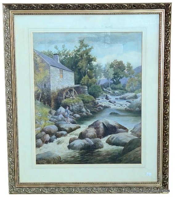 Follower William Henry Mander Old Water Mill with Fisherman Watercolour Early 20th Century. Indistinctly Signed Lower Right. Framed under glass 72 x 86 cm. Follower William Henry Mander Old Water Mill with Fisherman Watercolour Early 20th Century. Indistinctly Signed Lower Right. Framed under glass 72 x 86 cm.