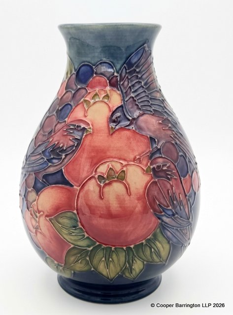 Moorcroft Finches and Fruit Baluster Vase Designed by Sally Tuffin on a Blue/Green Ground. Circa 1992.