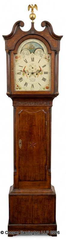 Good Late 18th Century Thomas Withnall Holywell Inlaid Mahogany 8 Day Longcase Clock. Having painted 14 inch arched moonphase dial with Roman numerals striking on a bell. The hood with eagle ball and spire final and the door inlaid with a star. Working order complete with keys,weights and pendulum. Good Late 18th Century Thomas Withnall Holywell Inlaid Mahogany 8 Day Longcase Clock. Having painted 14 inch arched moonphase dial with Roman numerals striking on a bell. The hood with eagle ball and spire final and the door inlaid with a star. Working order complete with keys,weights and pendulum.