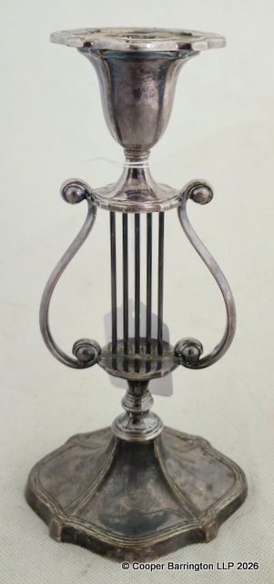 Art Deco Silver Plated Lyre Candlestick in the Style of Bernard Rice's Sons NY. Height 20 cm. Art Deco Silver Plated Lyre Candlestick in the Style of Bernard Rice's Sons NY. Height 20 cm.