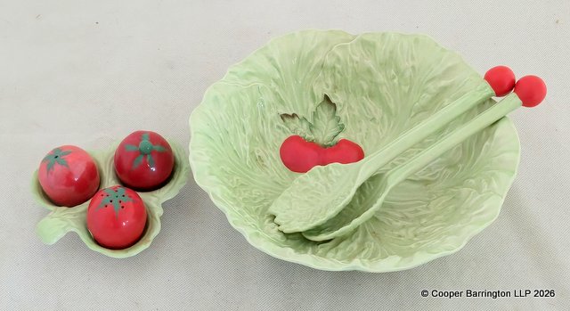 Carlton Ware Tomato and Lettuce Leaf Salad Bowl with Servers and a Cruet/Condiment Set with Original Stoppers. Circa 1930s. (7 Items) Carlton Ware Tomato and Lettuce Leaf Salad Bowl with Servers and a Cruet/Condiment Set with Original Stoppers. Circa 1930s. (7 Items)