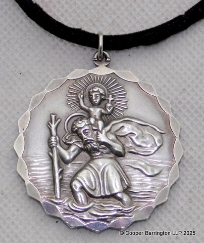 Georg Jensen Very Large Heavy .925 Silver Double Sided St Christopher Pendant. Hallmarked London 1967.  32 gm.  Diameter 4 cm.