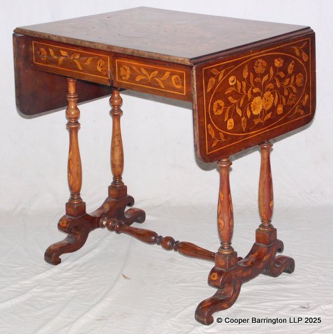 Victorian Inlaid Sofa Table. Late 19th Century. The profusley inlaid top over a single inlaid freeze drawer all raised on turned supports. Height 29 in, Width 20.5 in, Length 27 to 45 inches