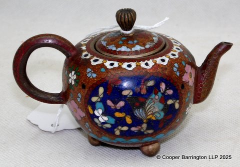 Antique Miniature Japanese Cloisonne Enamel & Gold Stone Flakes Teapot. Decorated with a phoenix) and butterfly.  Meiji Period.  Height  7 cm.  Width 10.5 cm.