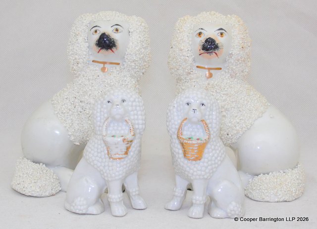 19th Century Antique Staffordshire Poodles with Chip-Glaze Coats,Applied by Hand. 19th Century Antique Staffordshire Poodles with Chip-Glaze Coats,Applied by Hand.