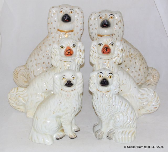 19th Century Antique Staffordshire Spaniel Dogs a Pack of Three Sizes.