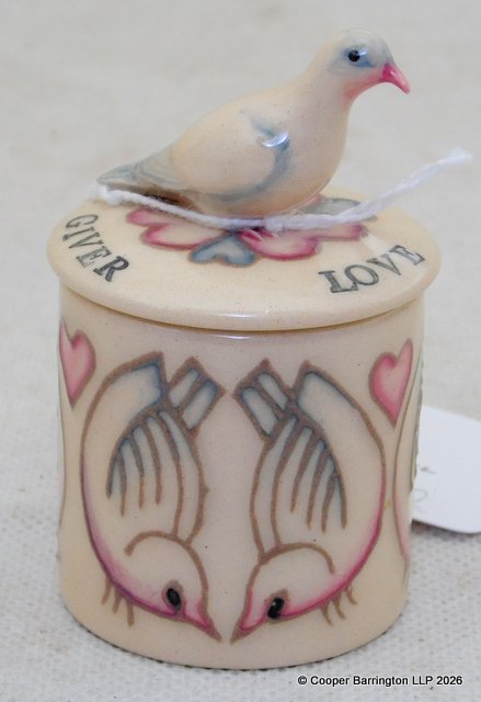 Dennis Chinaworks Art Pottery Miniature 'The Love Giver' Dove on Lidded Box. No.19. Signed Sally Tuffin (Ex Moorcroft). Decorator Theresa Blackmore. Circa Early 2000. Dennis Chinaworks Art Pottery Miniature 'The Love Giver' Dove on Lidded Box. No.19. Signed Sally Tuffin (Ex Moorcroft). Decorator Theresa Blackmore. Circa Early 2000.