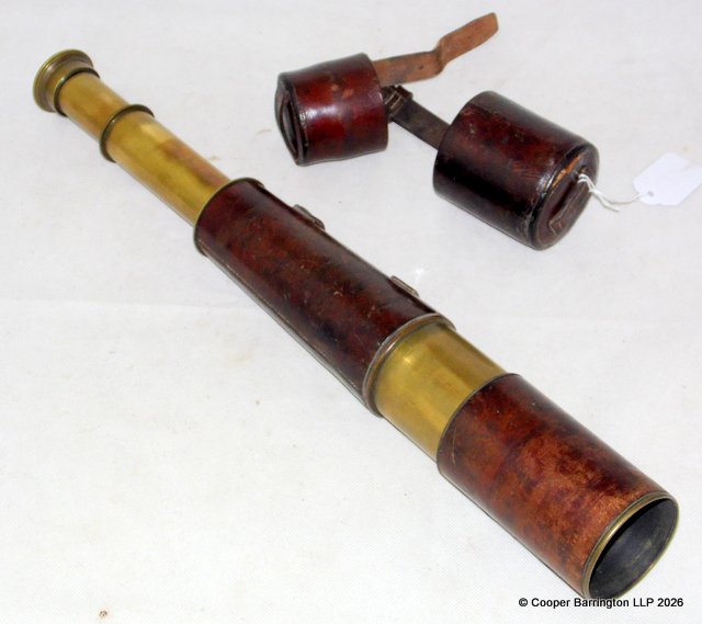 A WWI Taylor, Taylor & Hobson Ltd Leather and Brass Sniping Telescope. Marked T.T & H Ltd. 1916 No. 3253 Tel. sig. (Mk IV) also G.S. with Broad Arrow above T.T & H Ltd. Length 36 inches Fully Open.
