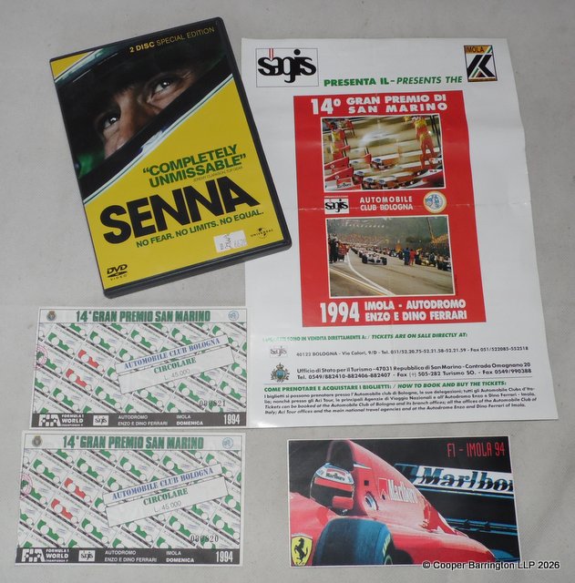 Very Scarce 1994 San Marino Grand Prix at Imola Sunday Race Official Ticket Stubs (Circolare) Unsigned. A Promotional Flyer/Leaflet Issued by the Automobile Club Bologna.  Also an original Promotional Sticker/Postcard Issued for the 1994 San Marino Grand Prix.  The 1994 San Marino Grand Prix at Imola marked the final race weekend of three-time World Champion Ayrton Senna and driver Roland Ratzenberger.  Also an Ayrton Senna  DVD. (5 Items)
